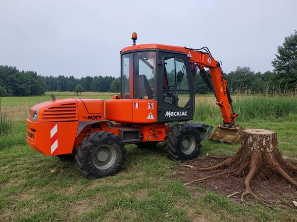 Koparka wyrywa pień z korzeniami na zarośniętej działce