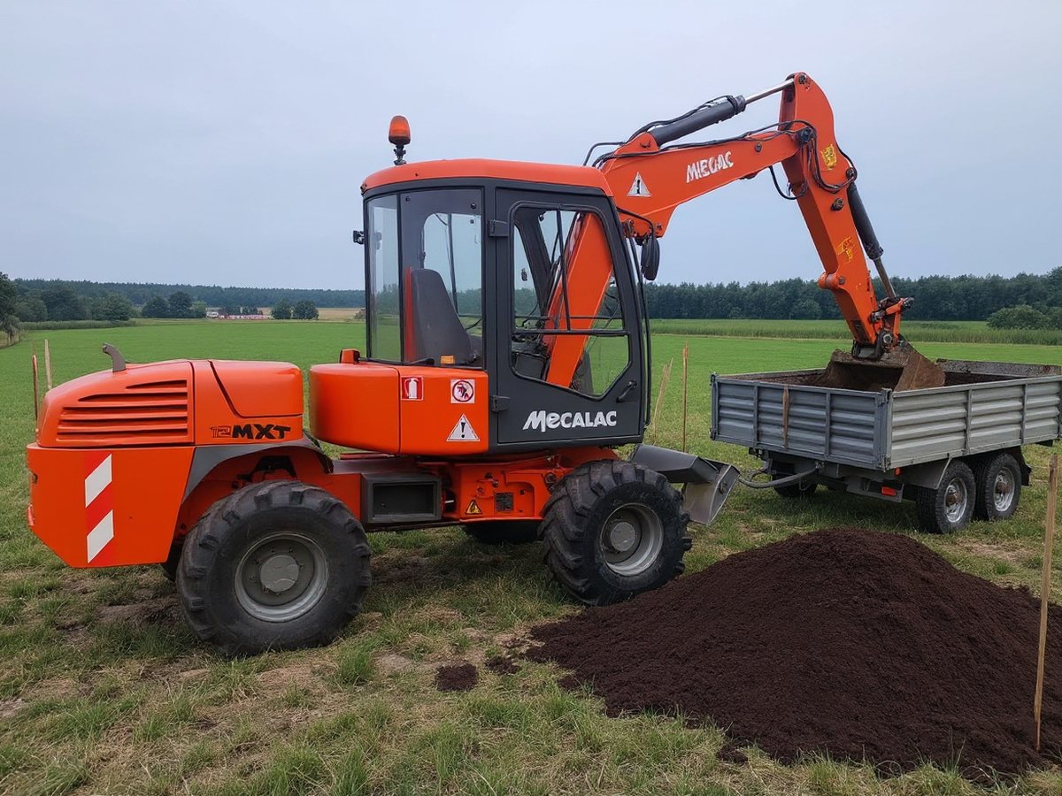Mecalac 12 MXT ładuje ziemię na przyczepę na placu budowy